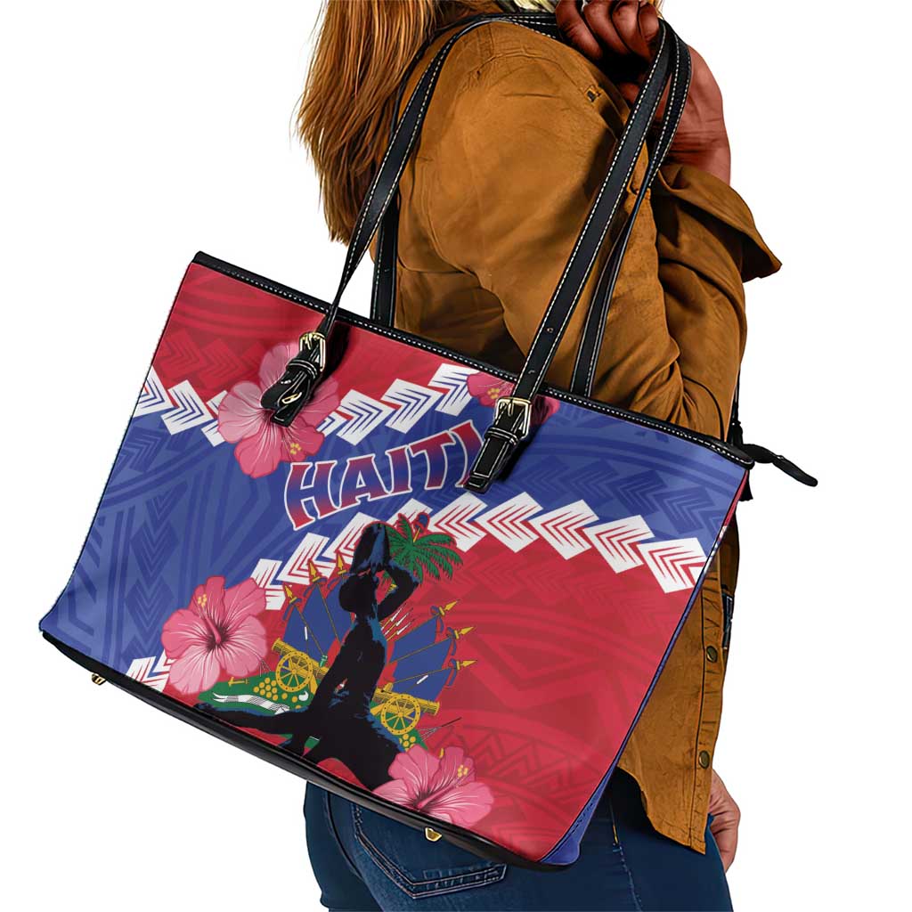 Haiti Neg Maron Leather Tote Bag Coat Of Arms - Hisbicus Polynesian