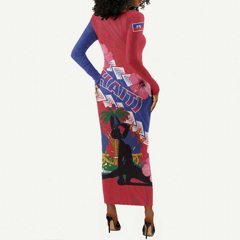 Haiti Neg Maron Long Sleeve Bodycon Dress Coat Of Arms - Hisbicus Polynesian LT15