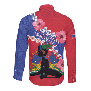 Haiti Neg Maron Long Sleeve Button Shirt Coat Of Arms - Hisbicus Polynesian