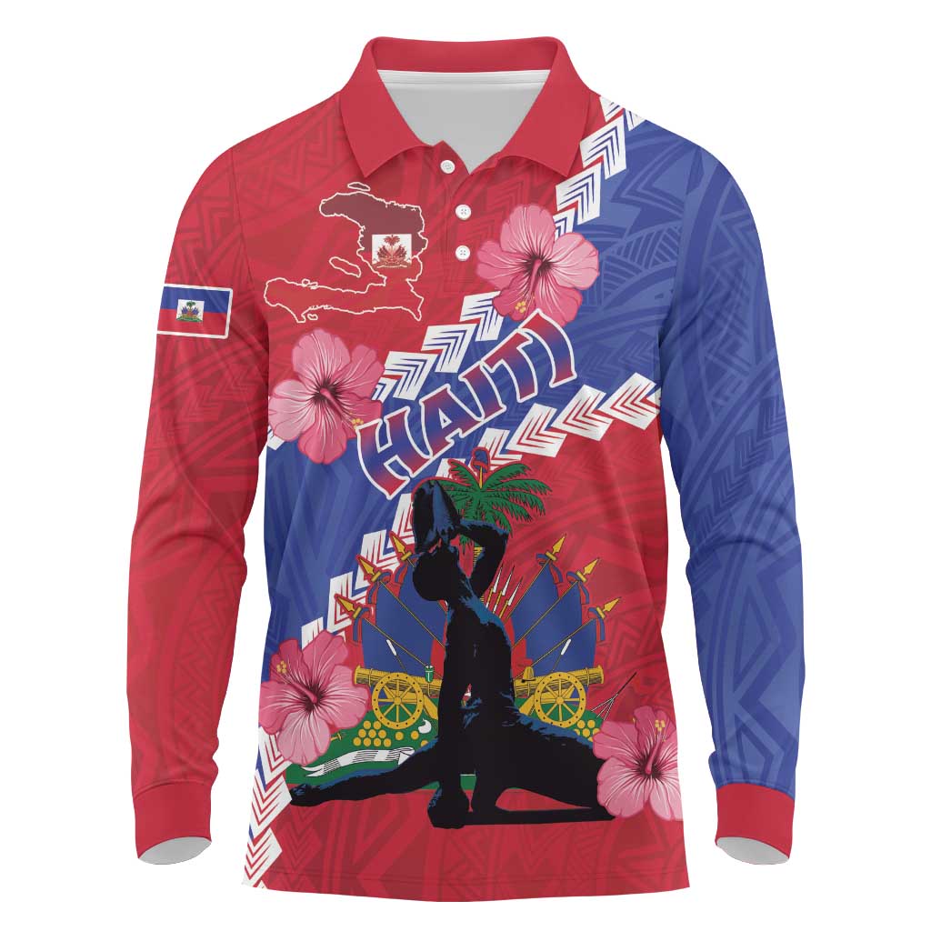 Haiti Neg Maron Long Sleeve Polo Shirt Coat Of Arms - Hisbicus Polynesian