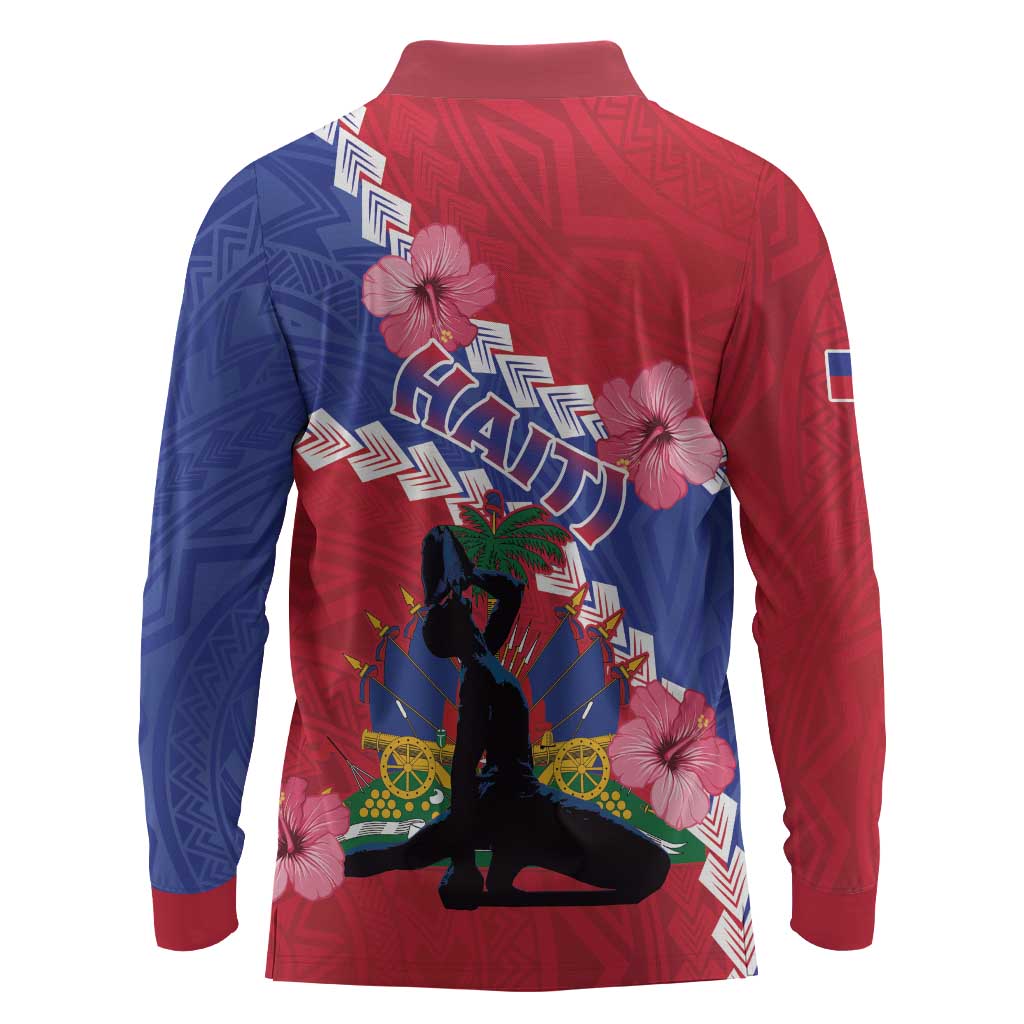 Haiti Neg Maron Long Sleeve Polo Shirt Coat Of Arms - Hisbicus Polynesian