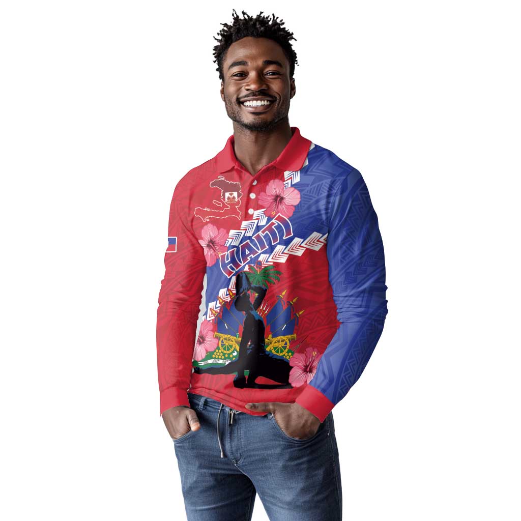 Haiti Neg Maron Long Sleeve Polo Shirt Coat Of Arms - Hisbicus Polynesian