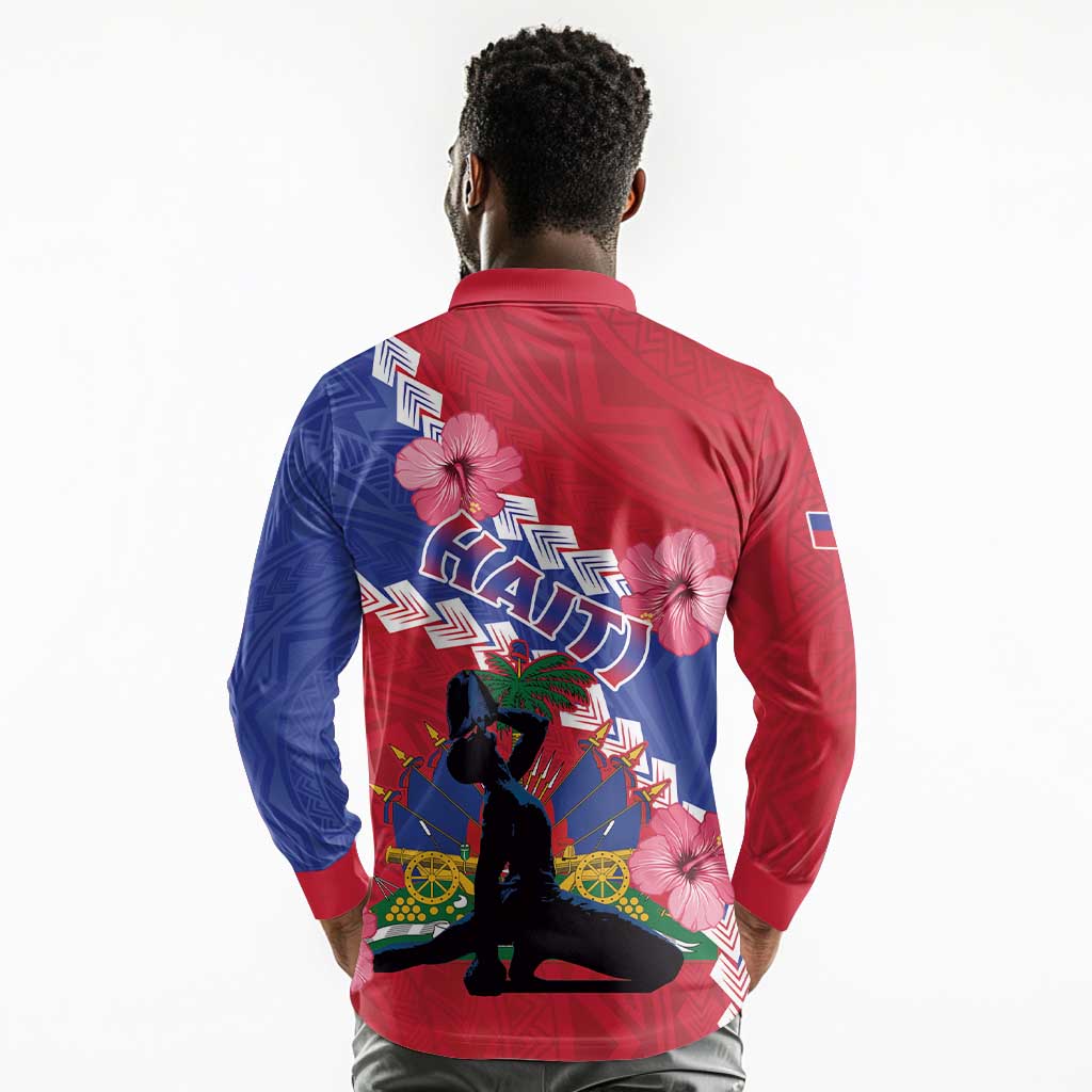 Haiti Neg Maron Long Sleeve Polo Shirt Coat Of Arms - Hisbicus Polynesian