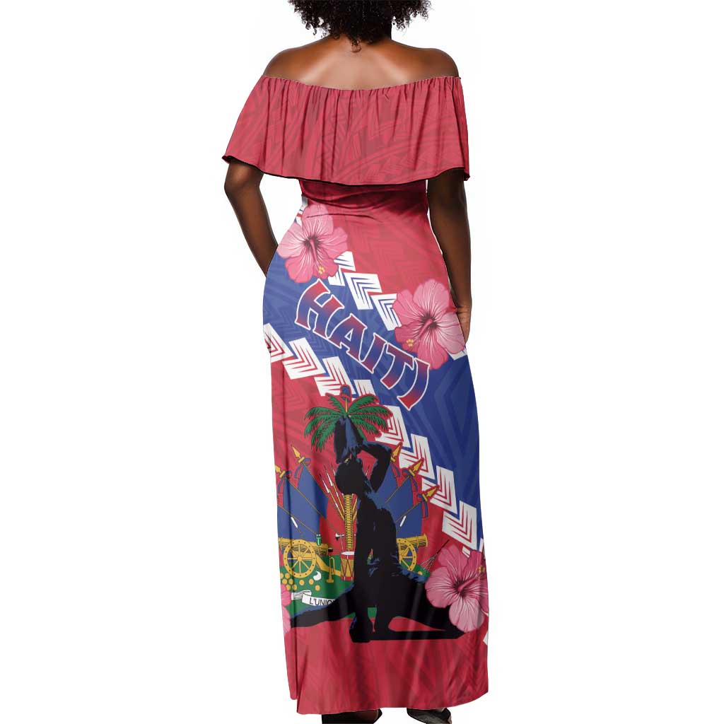 Haiti Neg Maron Off Shoulder Maxi Dress Coat Of Arms - Hisbicus Polynesian