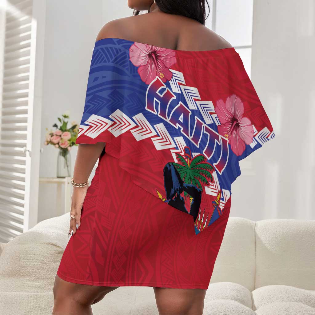 Haiti Neg Maron Off Shoulder Short Dress Coat Of Arms - Hisbicus Polynesian
