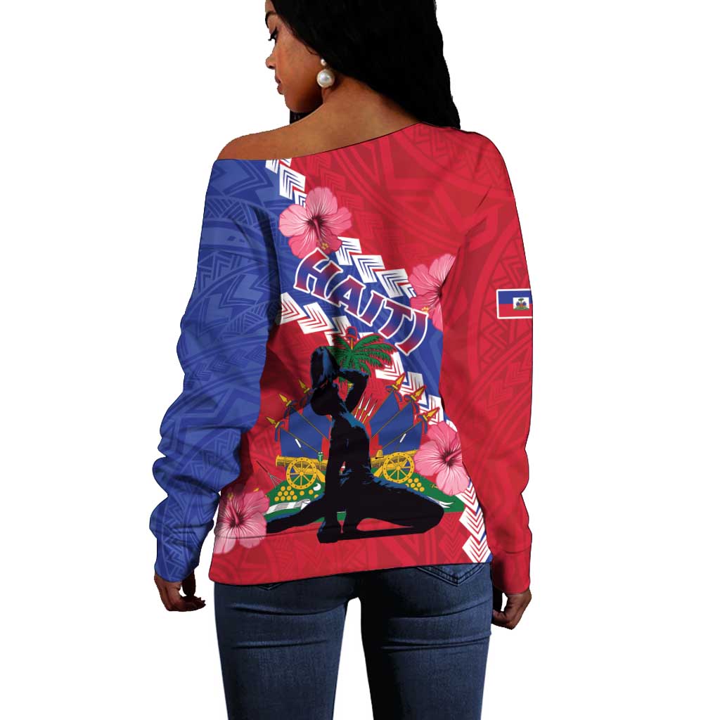 Haiti Neg Maron Off Shoulder Sweater Coat Of Arms - Hisbicus Polynesian