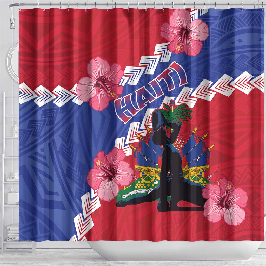 Haiti Neg Maron Shower Curtain Coat Of Arms - Hisbicus Polynesian