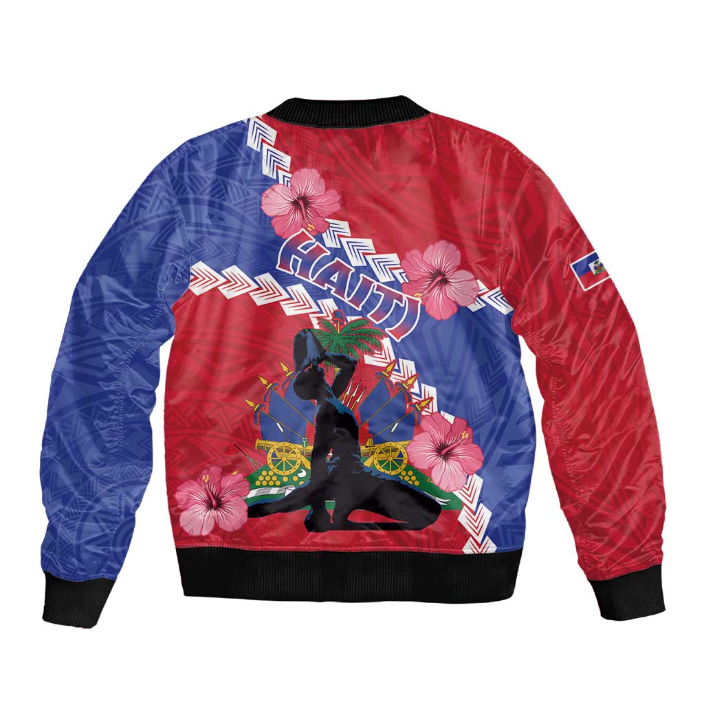 Haiti Neg Maron Sleeve Zip Bomber Jacket Coat Of Arms - Hisbicus Polynesian