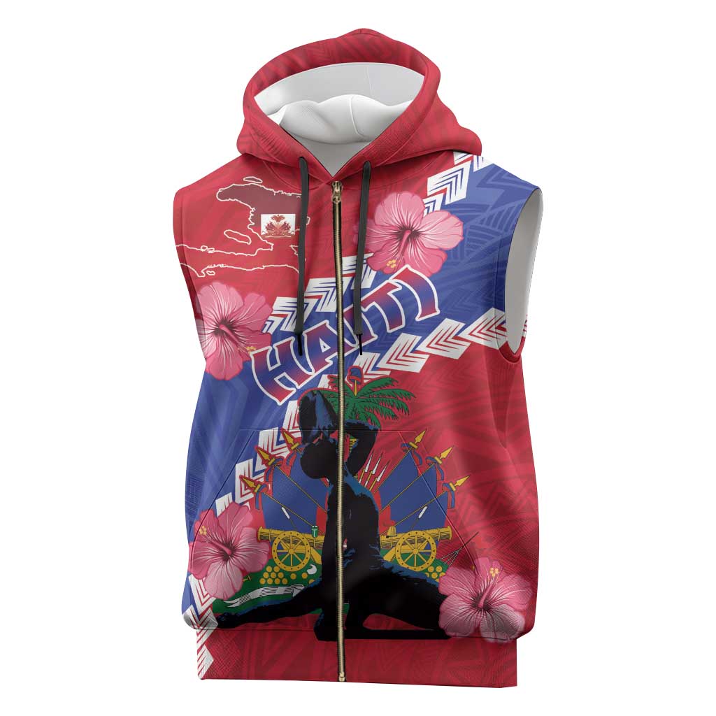 Haiti Neg Maron Sleeveless Zip Hoodie Coat Of Arms - Hisbicus Polynesian - African Pride