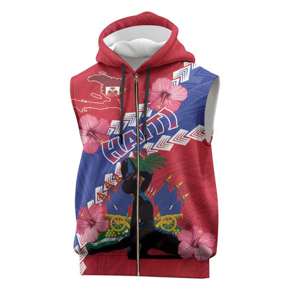 Haiti Neg Maron Sleeveless Zip Hoodie Coat Of Arms - Hisbicus Polynesian - African Pride