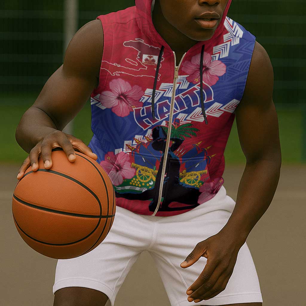 Haiti Neg Maron Sleeveless Zip Hoodie Coat Of Arms - Hisbicus Polynesian - African Pride