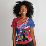 Haiti Neg Maron Women V-Neck T-Shirt Coat Of Arms - Hisbicus Polynesian