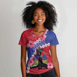 Haiti Neg Maron Women V-Neck T-Shirt Coat Of Arms - Hisbicus Polynesian