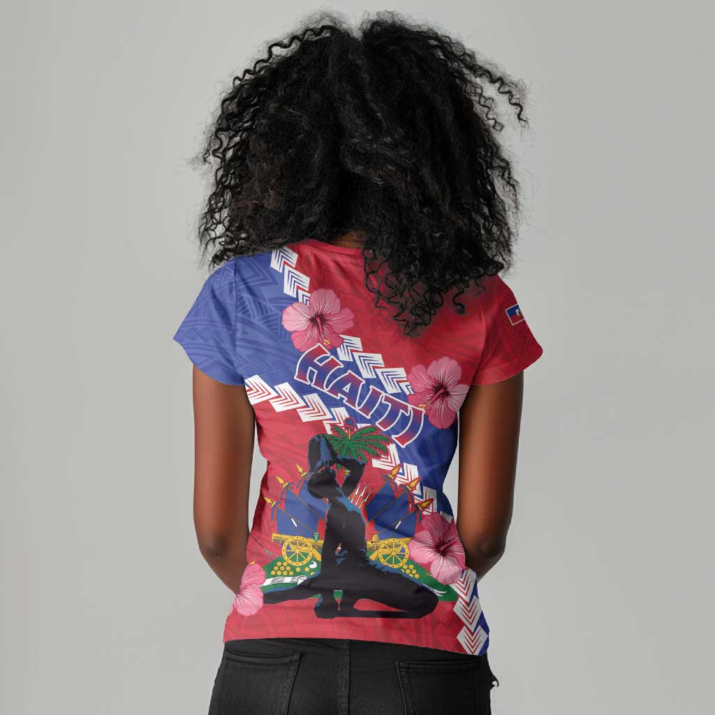 Haiti Neg Maron Women V-Neck T-Shirt Coat Of Arms - Hisbicus Polynesian