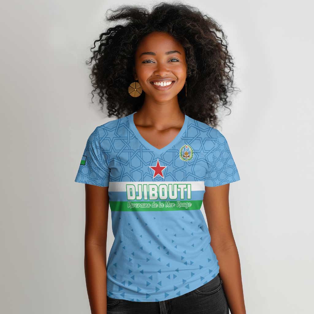 Custom Djibouti Football Women V-Neck T-Shirt Go Champions