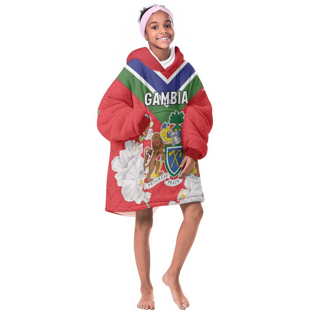 Personalized Gambia Kid Wearable Blanket Hoodie Coat Of Arms - African Pattern