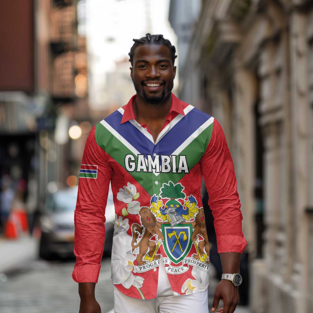 Personalized Gambia Long Sleeve Button Shirt Coat Of Arms - African Pattern