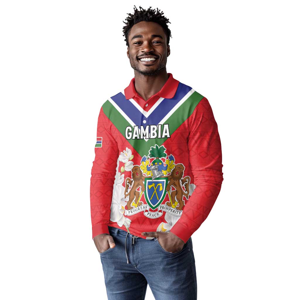 Personalized Gambia Long Sleeve Polo Shirt Coat Of Arms - African Pattern