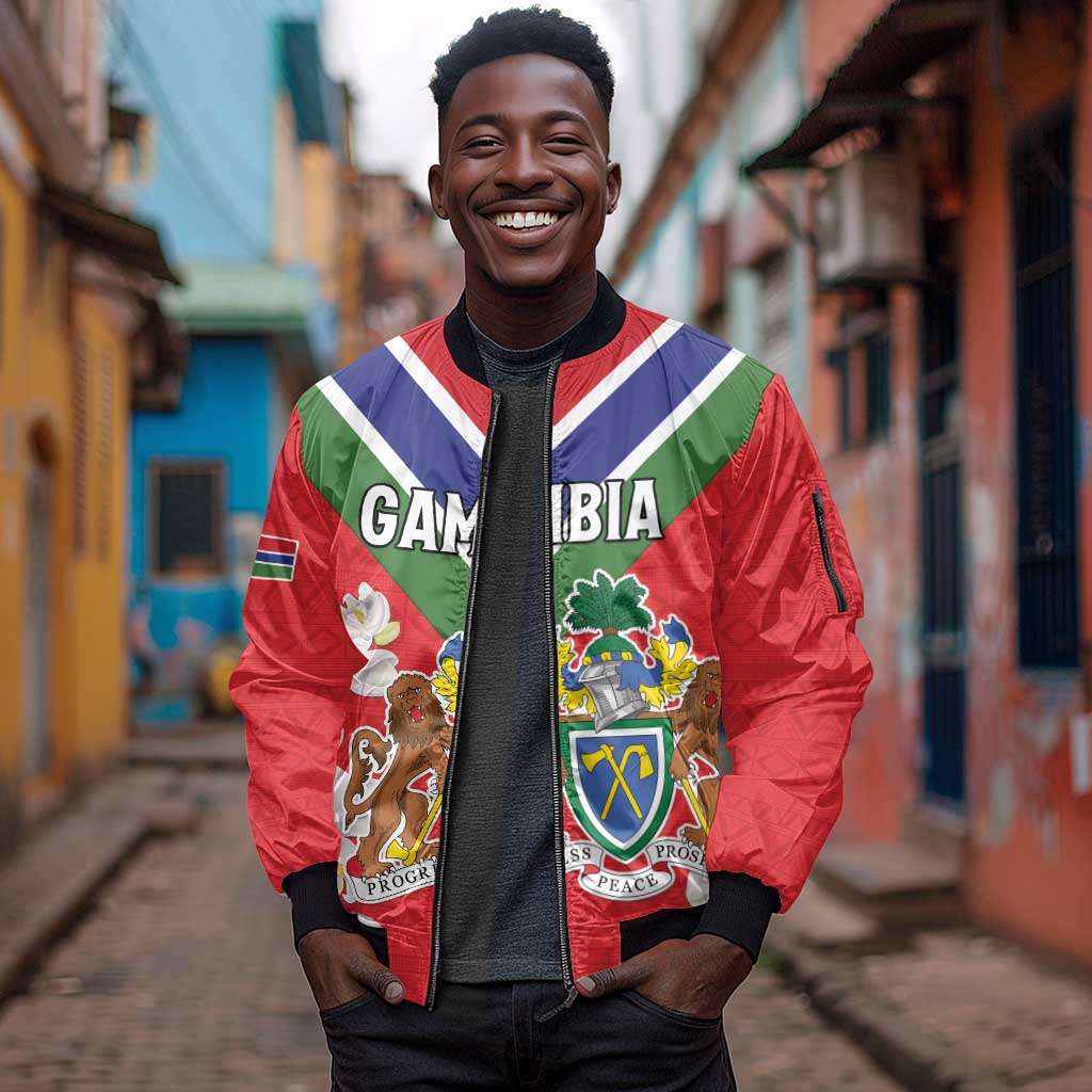 Personalized Gambia Sleeve Zip Bomber Jacket Coat Of Arms - African Pattern
