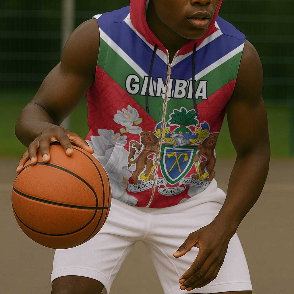 Personalized Gambia Sleeveless Zip Hoodie Coat Of Arms - African Pattern - African Pride