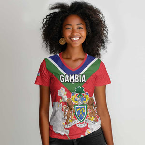 Personalized Gambia Women V-Neck T-Shirt Coat Of Arms - African Pattern