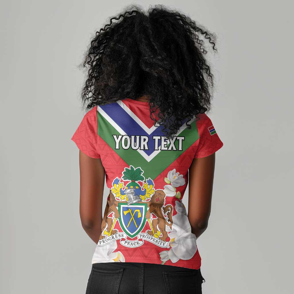 Personalized Gambia Women V-Neck T-Shirt Coat Of Arms - African Pattern