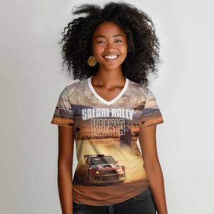 Personalized Kenya Safari Racing Car Women V-Neck T-Shirt Come On Kenyan