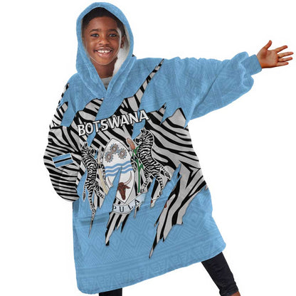 Personalized Lefatshe la Botswana Kid Wearable Blanket Hoodie Coat Of Arms - African and Zebra Patterns