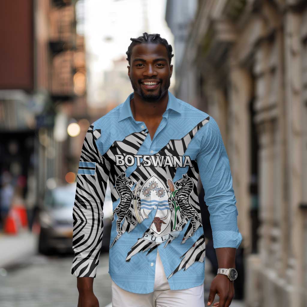 Personalized Lefatshe la Botswana Long Sleeve Button Shirt Coat Of Arms - African and Zebra Patterns
