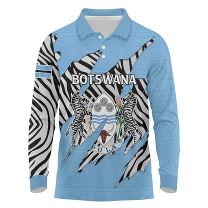 Personalized Lefatshe la Botswana Long Sleeve Polo Shirt Coat Of Arms - African and Zebra Patterns