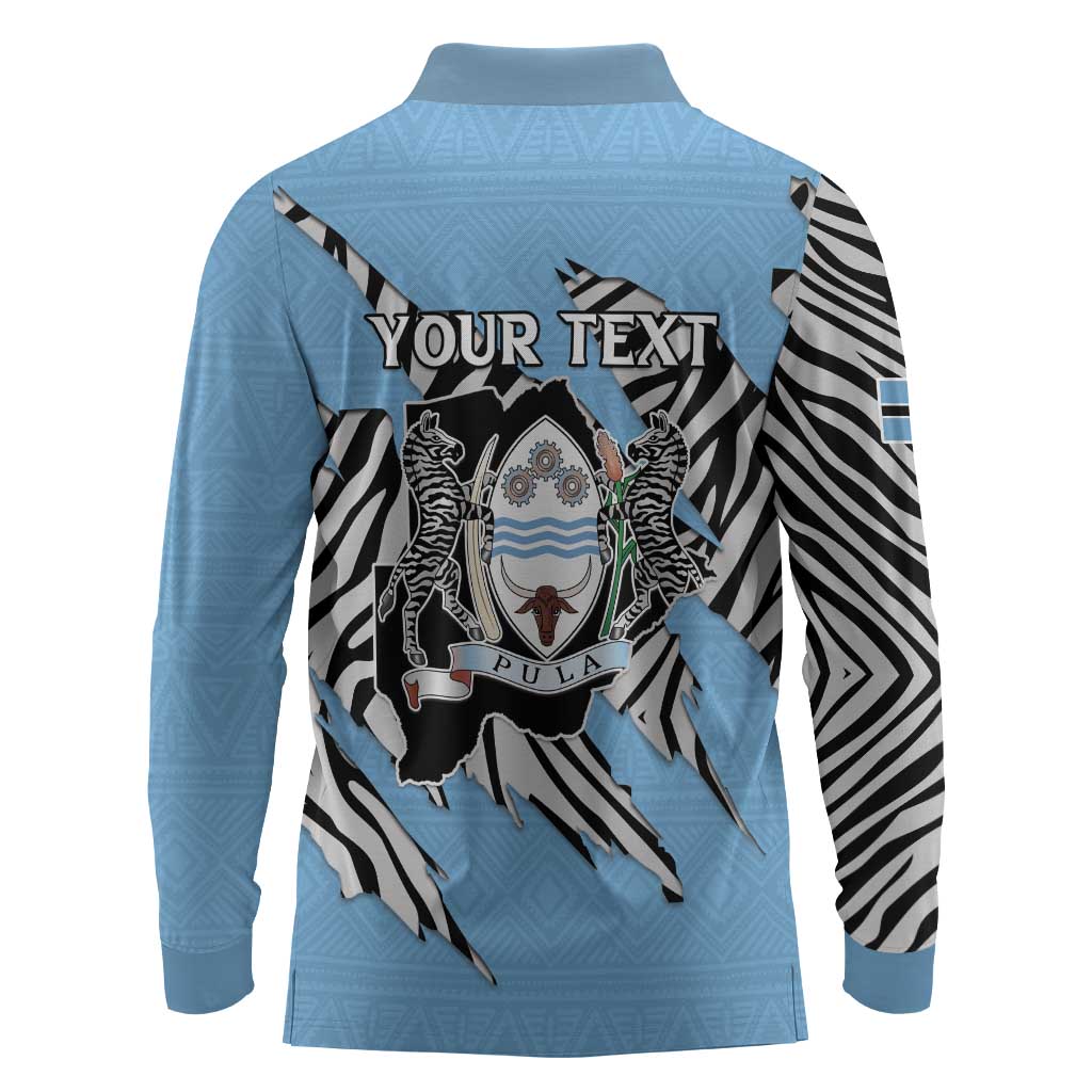 Personalized Lefatshe la Botswana Long Sleeve Polo Shirt Coat Of Arms - African and Zebra Patterns