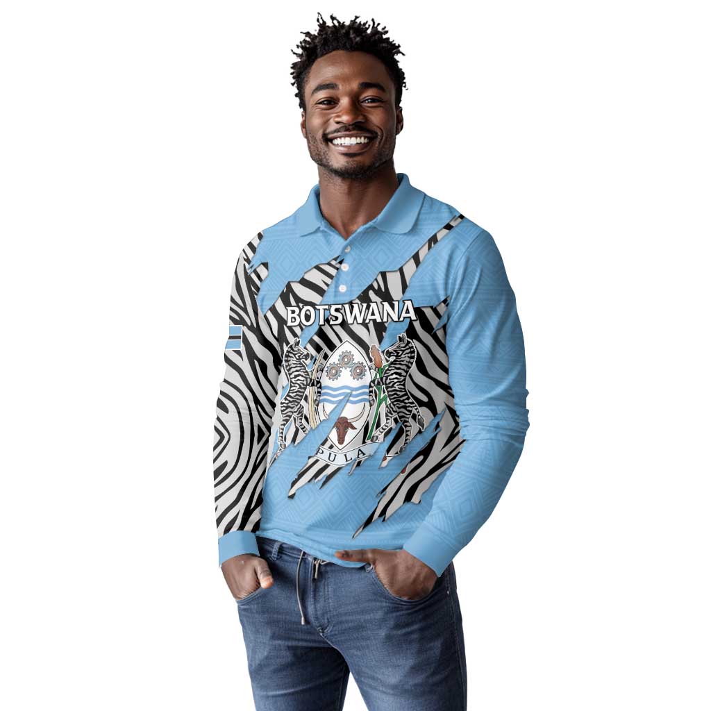 Personalized Lefatshe la Botswana Long Sleeve Polo Shirt Coat Of Arms - African and Zebra Patterns