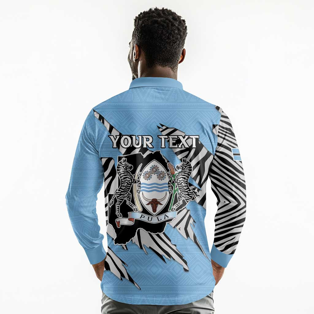 Personalized Lefatshe la Botswana Long Sleeve Polo Shirt Coat Of Arms - African and Zebra Patterns