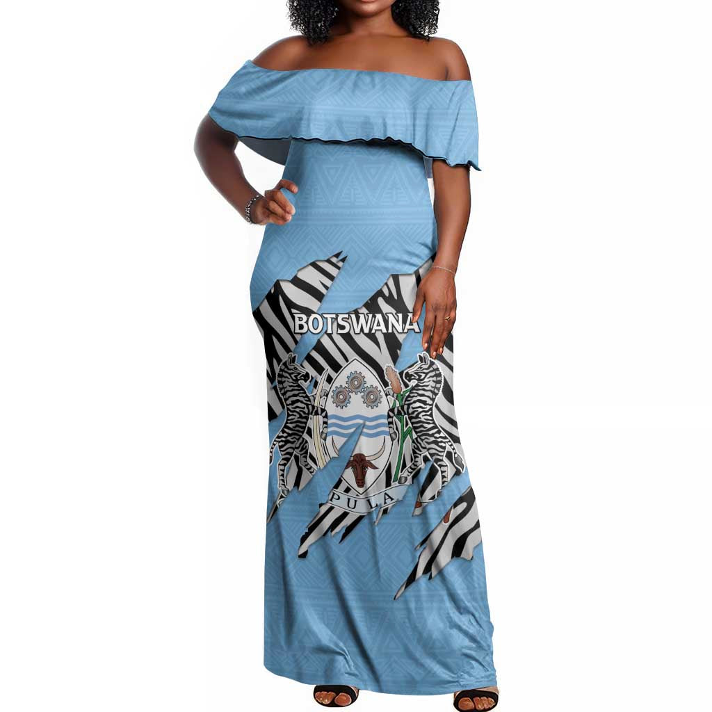 Personalized Lefatshe la Botswana Off Shoulder Maxi Dress Coat Of Arms - African and Zebra Patterns