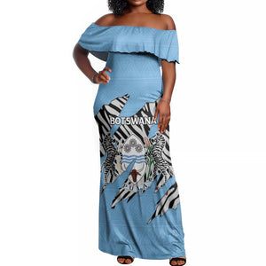 Personalized Lefatshe la Botswana Off Shoulder Maxi Dress Coat Of Arms - African and Zebra Patterns