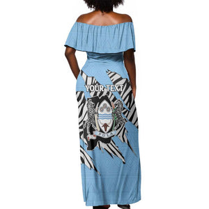 Personalized Lefatshe la Botswana Off Shoulder Maxi Dress Coat Of Arms - African and Zebra Patterns