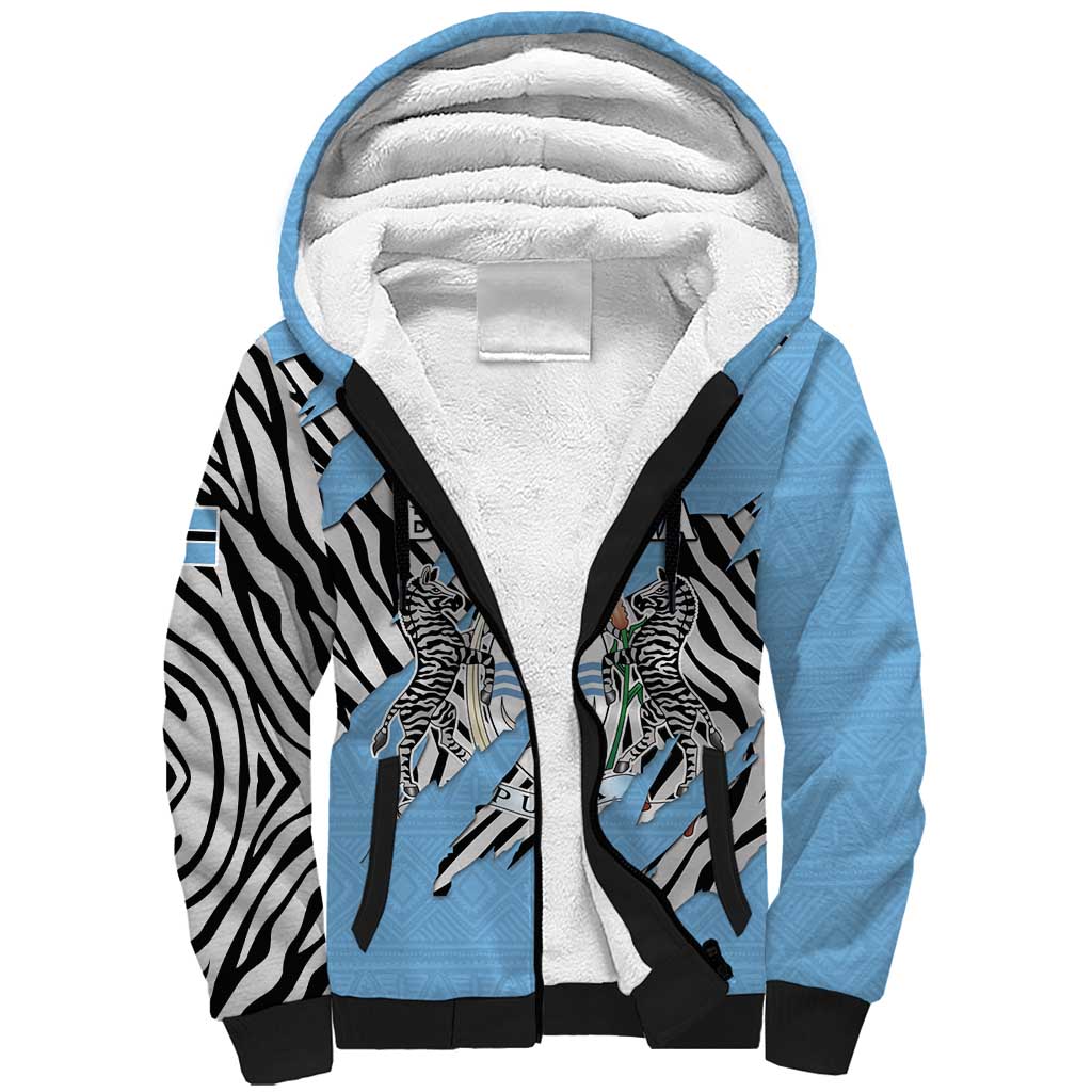 Personalized Lefatshe la Botswana Sherpa Hoodie Coat Of Arms - African and Zebra Patterns