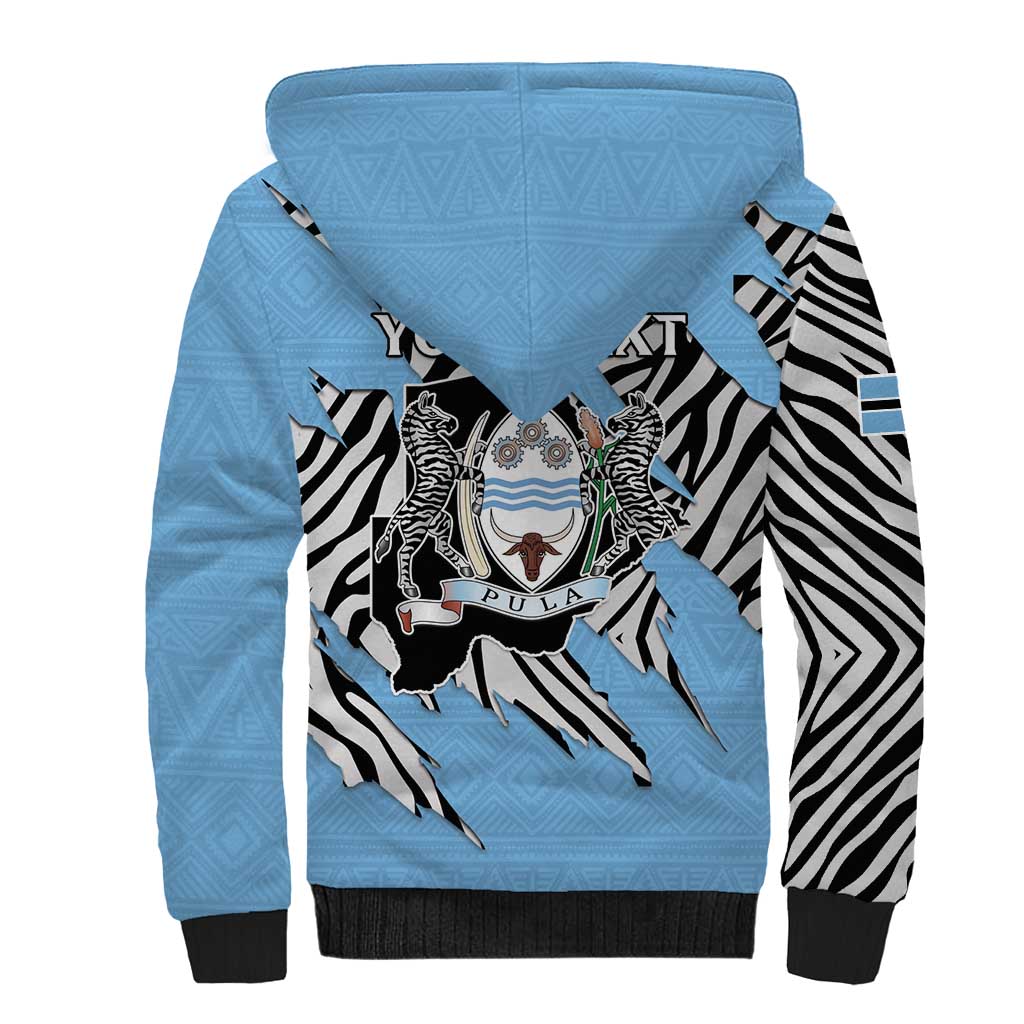 Personalized Lefatshe la Botswana Sherpa Hoodie Coat Of Arms - African and Zebra Patterns