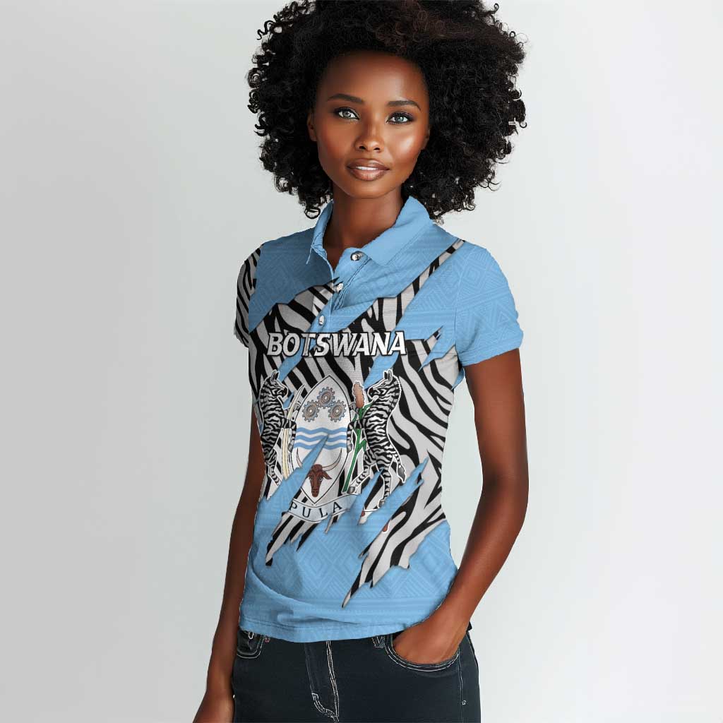 Personalized Lefatshe la Botswana Women Polo Shirt Coat Of Arms - African and Zebra Patterns