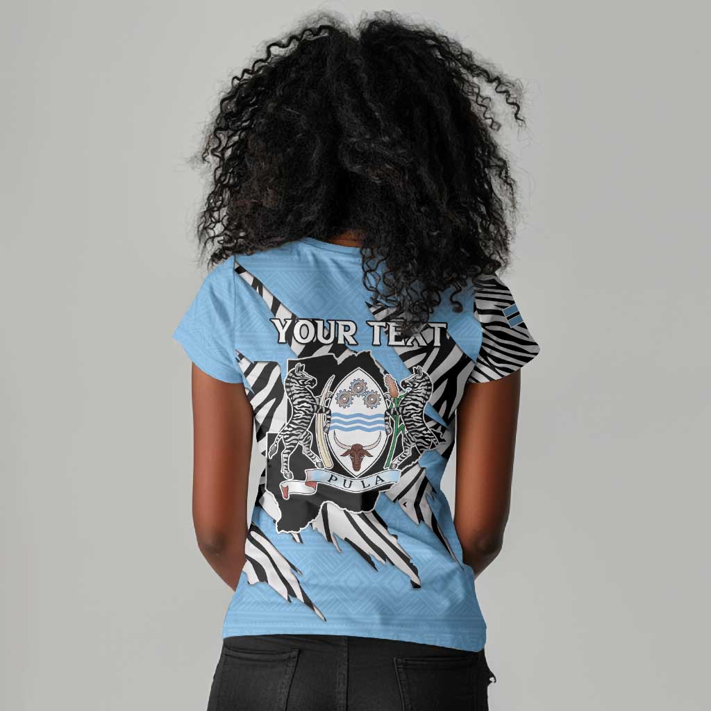 Personalized Lefatshe la Botswana Women V-Neck T-Shirt Coat Of Arms - African and Zebra Patterns