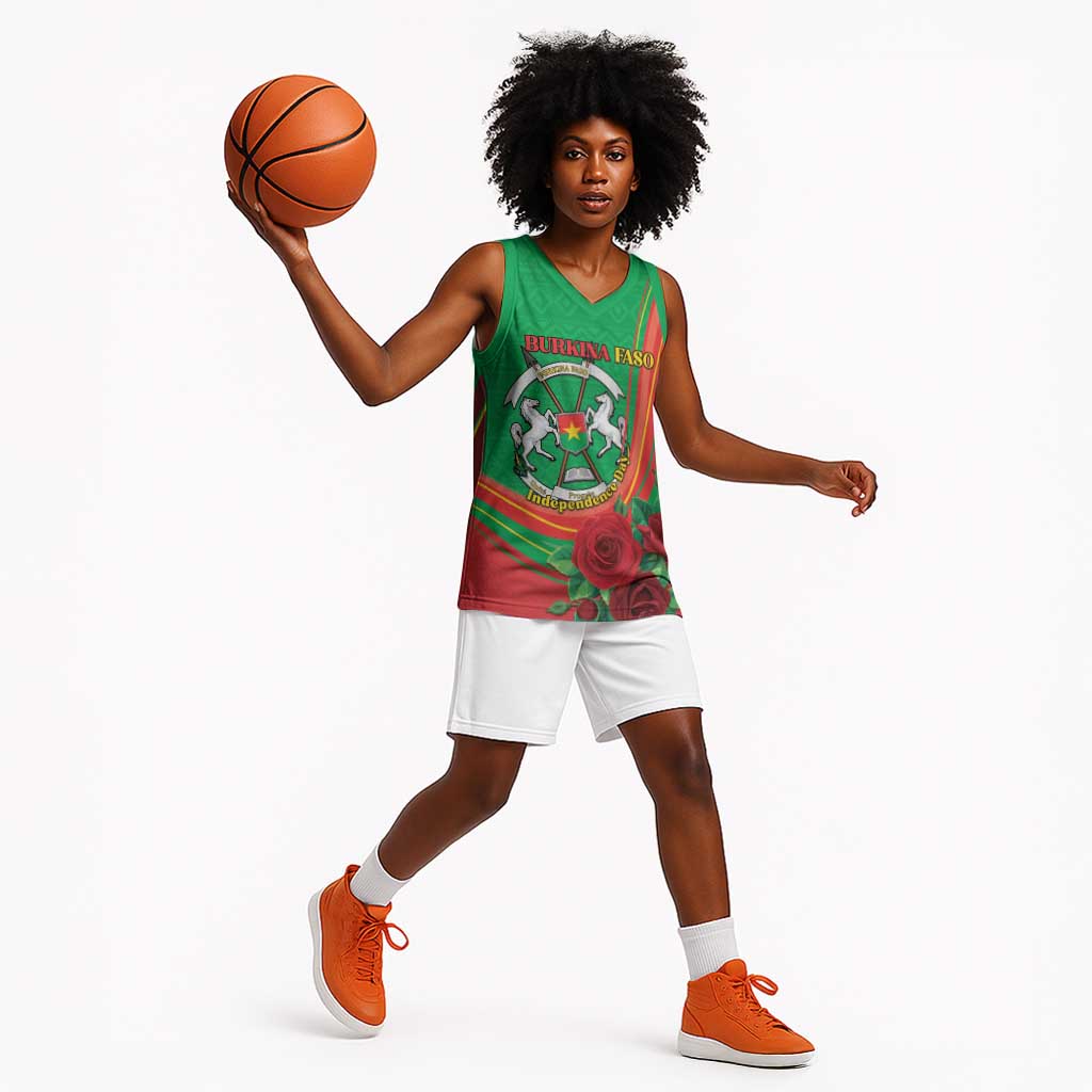 Personalised Burkina Faso Independence Day Basketball Jersey Coat Of Arms African Pattern - African Pride