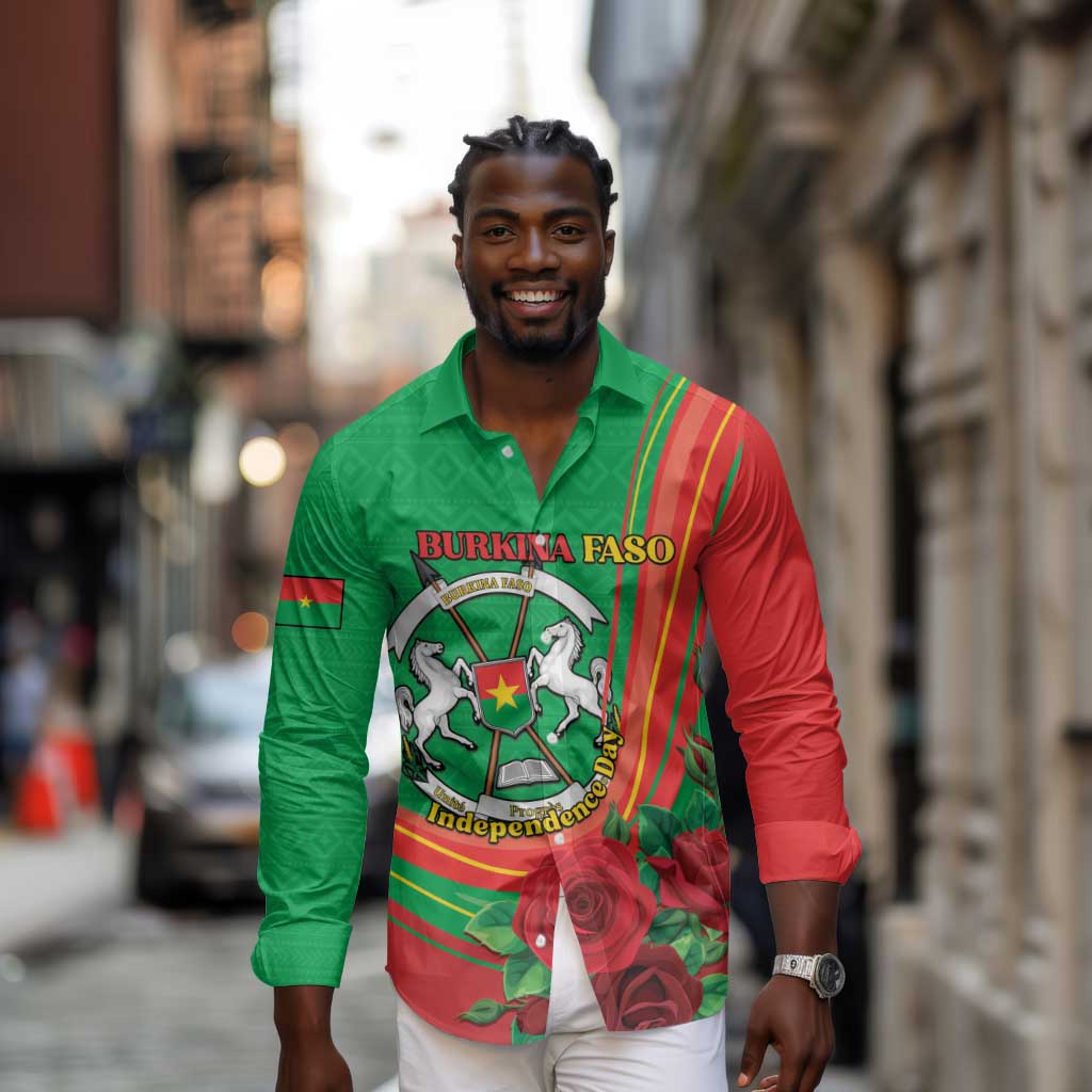 Personalised Burkina Faso Independence Day Long Sleeve Button Shirt Coat Of Arms African Pattern