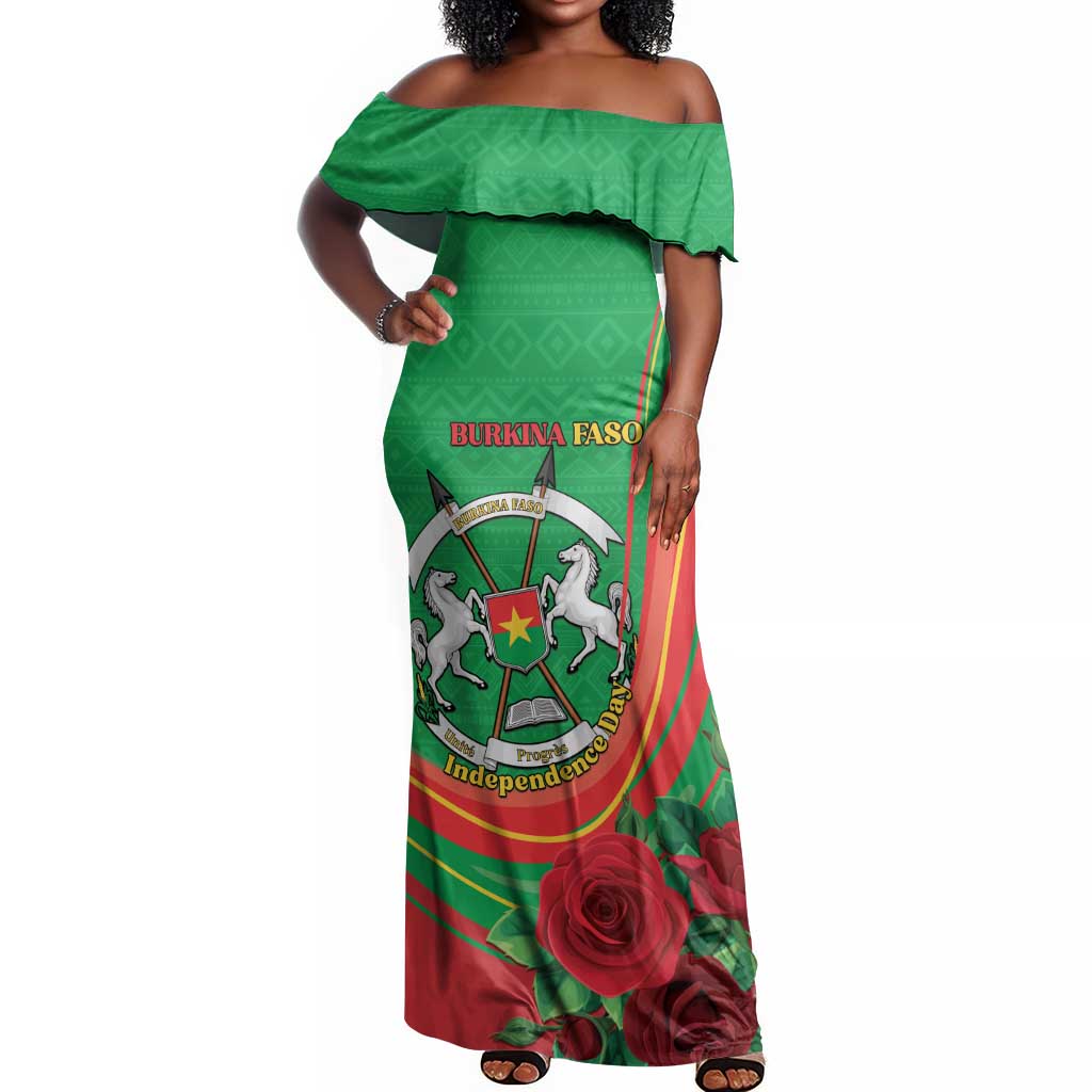 Personalised Burkina Faso Independence Day Off Shoulder Maxi Dress Coat Of Arms African Pattern