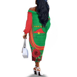Personalised Burkina Faso Independence Day Off The Shoulder Long Sleeve Dress Coat Of Arms African Pattern