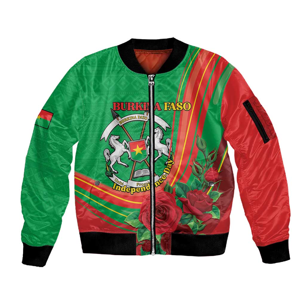 Personalised Burkina Faso Independence Day Sleeve Zip Bomber Jacket Coat Of Arms African Pattern