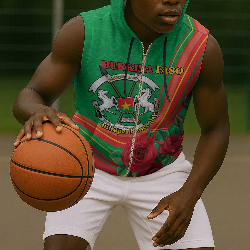 Personalised Burkina Faso Independence Day Sleeveless Zip Hoodie Coat Of Arms African Pattern - African Pride