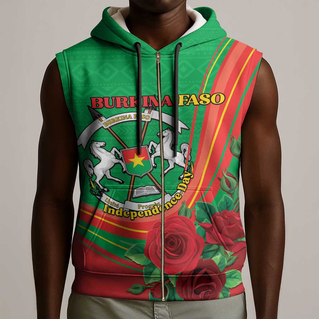 Personalised Burkina Faso Independence Day Sleeveless Zip Hoodie Coat Of Arms African Pattern - African Pride