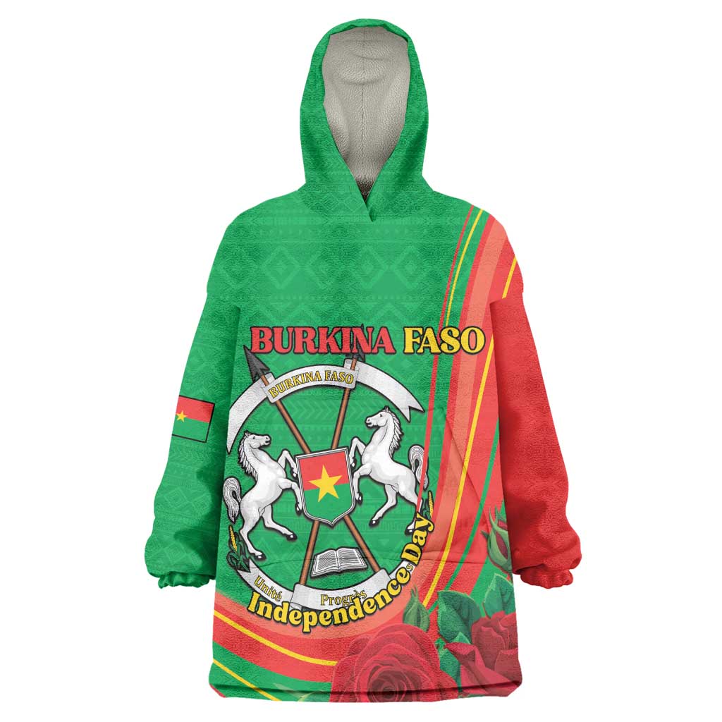 Personalised Burkina Faso Independence Day Wearable Blanket Hoodie Coat Of Arms African Pattern