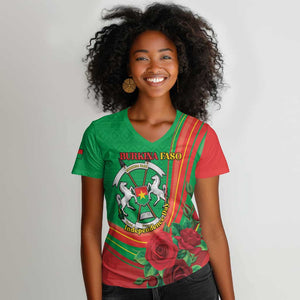 Personalised Burkina Faso Independence Day Women V-Neck T-Shirt Coat Of Arms African Pattern