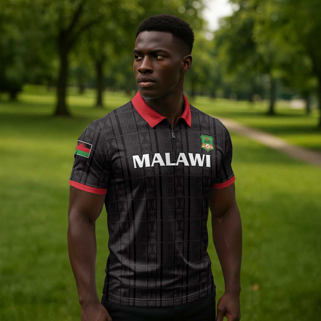 Custom Malawi Football Zipper Polo Shirt Come On Flames - Black